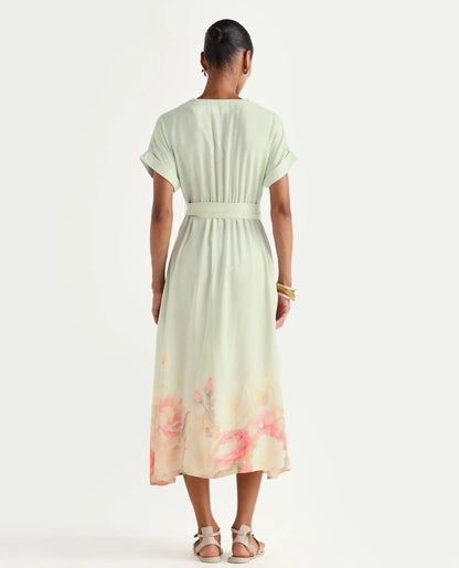 Rareism Women's Vlean Multi Viscose V-Neck Flared Floral Print Dress