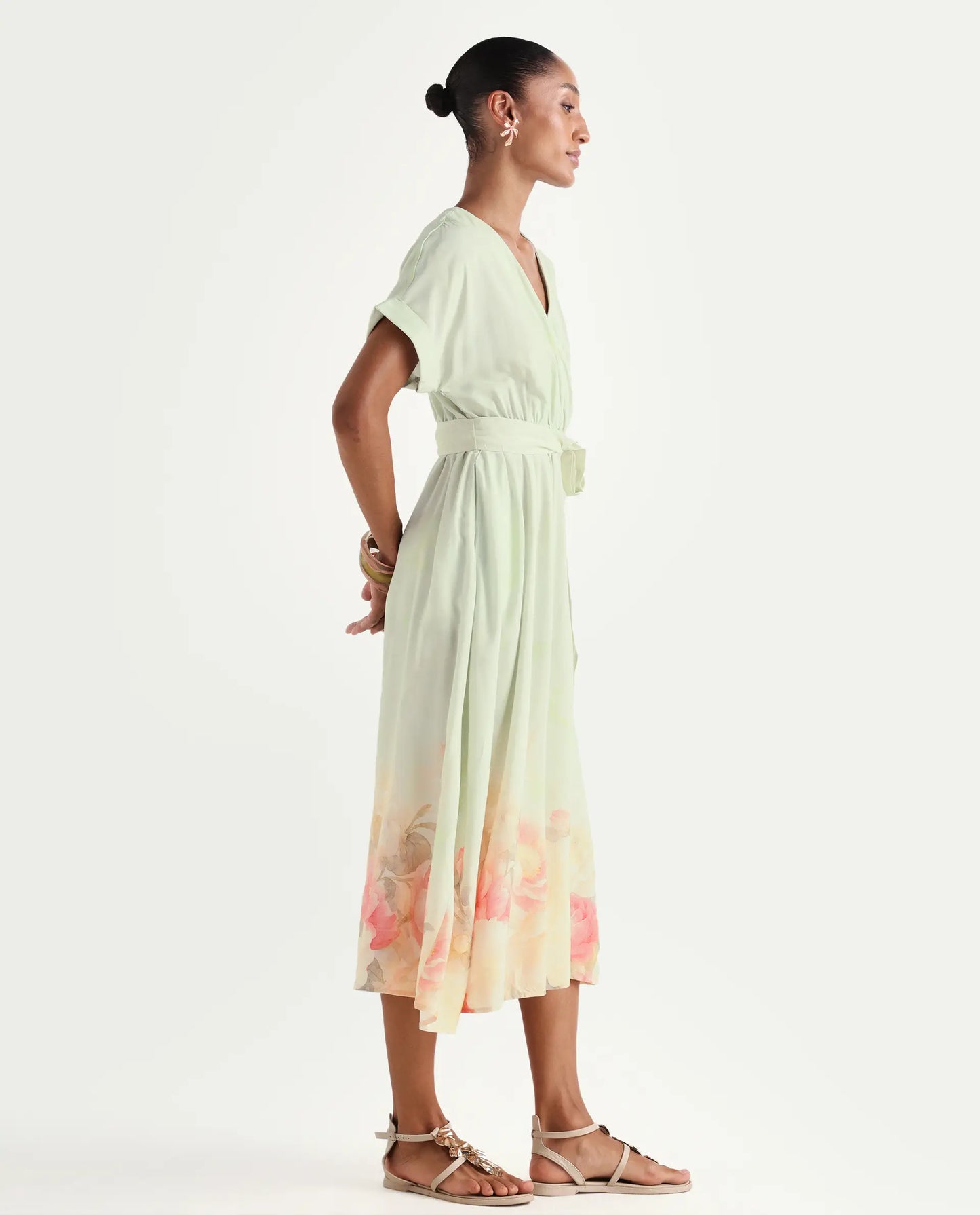Rareism Women's Vlean Multi Viscose V-Neck Flared Floral Print Dress