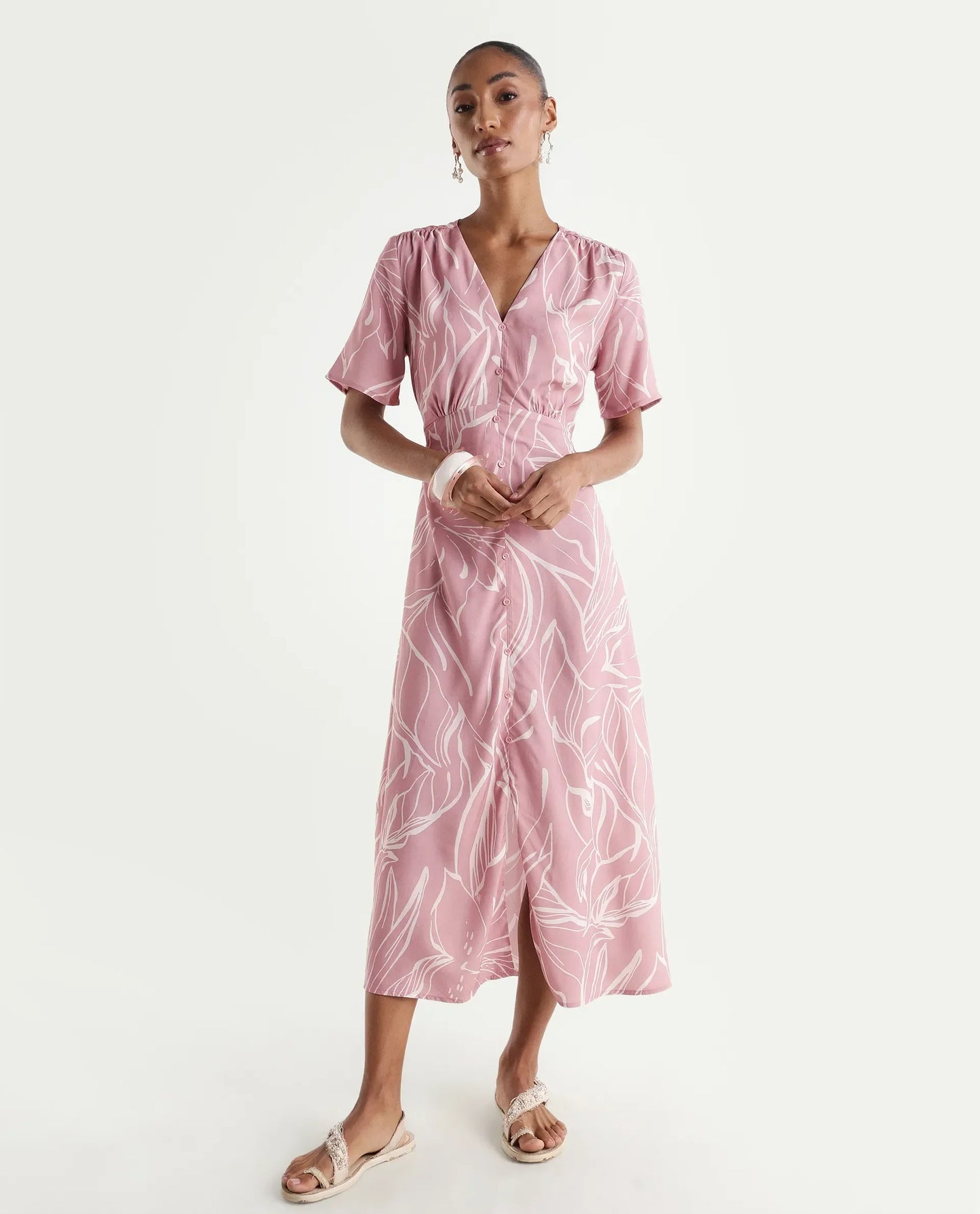 Rareism Women's Vatah Pink Viscose V-Neck A-Line Floral Print Dress