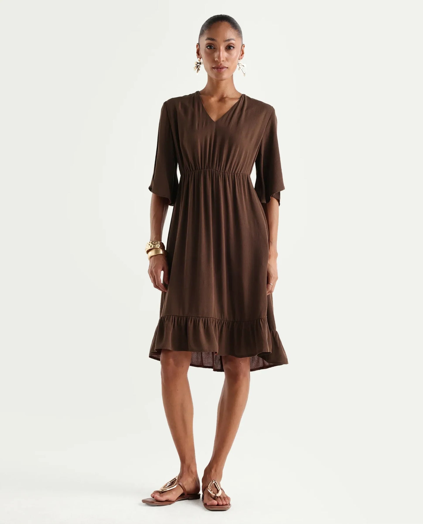 Rareism Women's Valor Brown Viscose V-Neck Flared Plain Dress