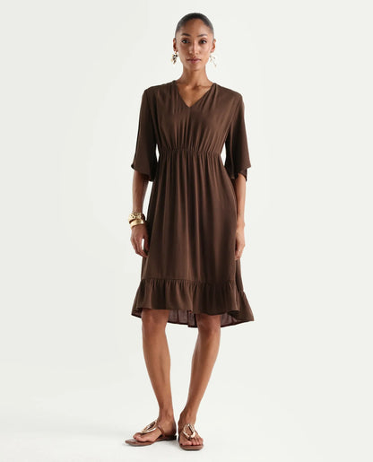 Rareism Women's Valor Brown Viscose V-Neck Flared Plain Dress