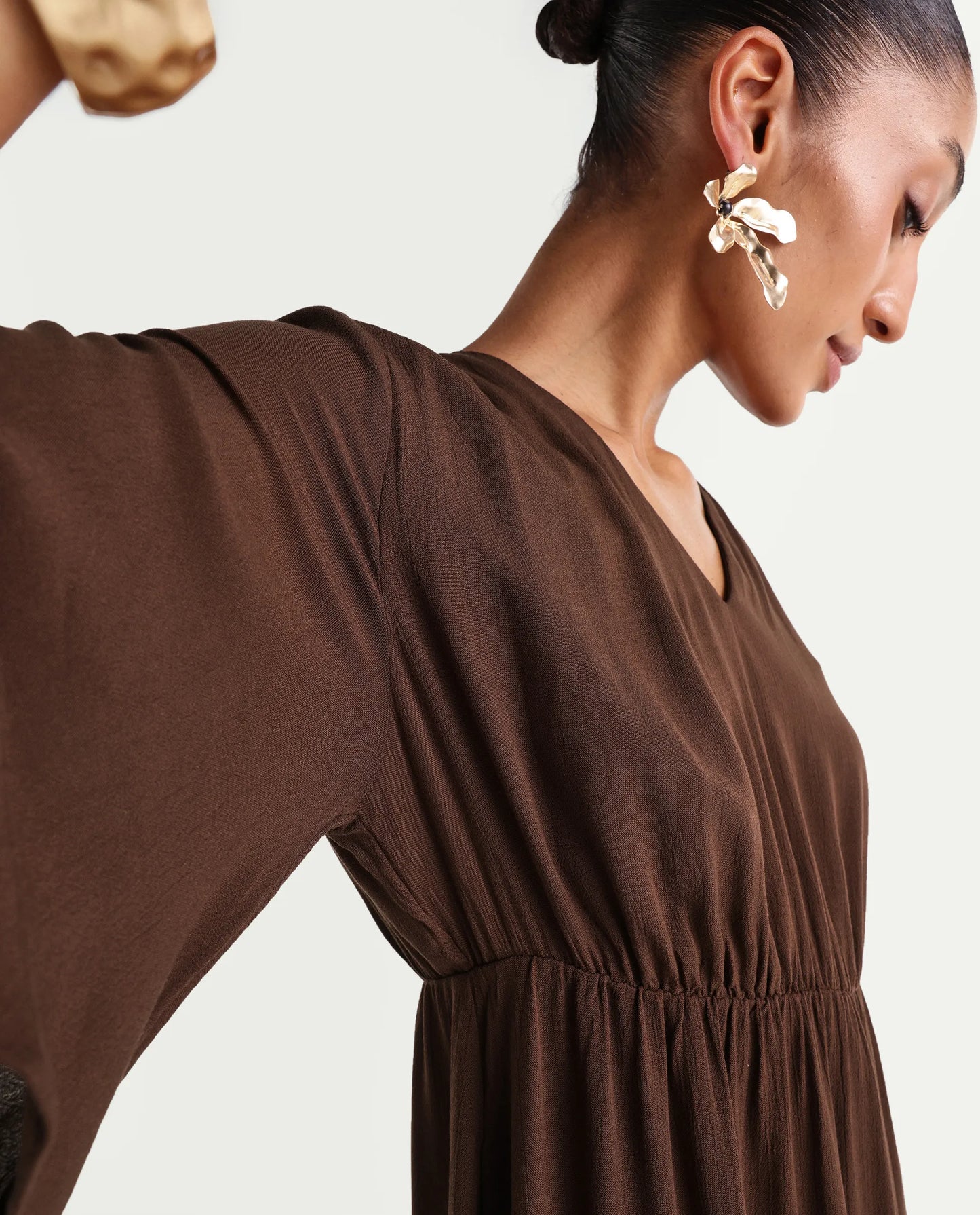 Rareism Women's Valor Brown Viscose V-Neck Flared Plain Dress