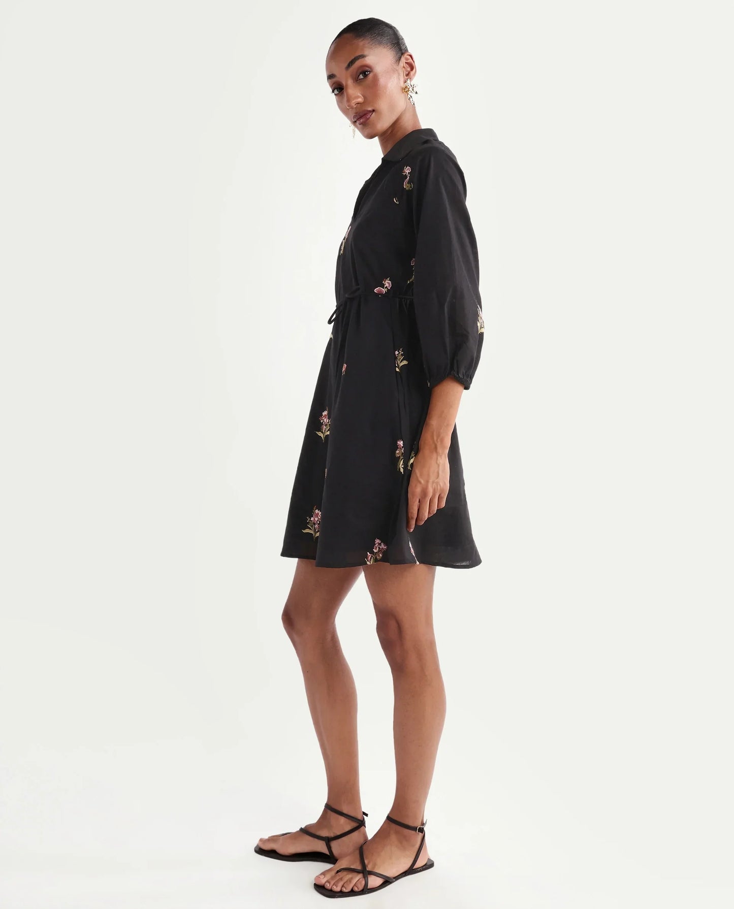 Rareism Women's Calyx Black Viscose Blend Johnny Collar Flared Plain Dress
