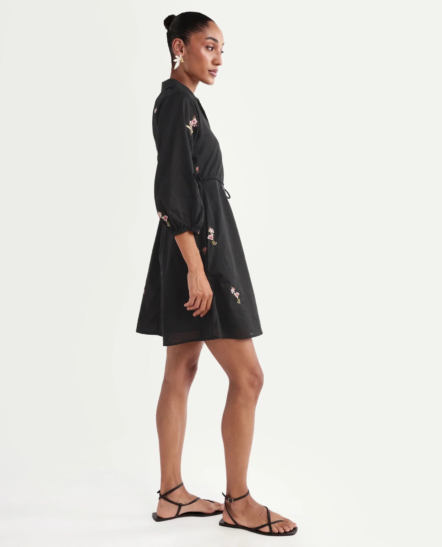 Rareism Women's Calyx Black Viscose Blend Johnny Collar Flared Plain Dress