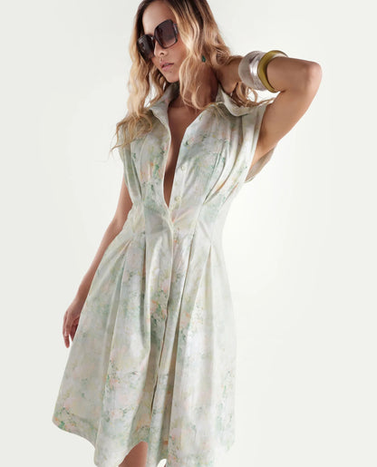 Rareism Women's Hiano Light Green Cotton Fabric Spread Collar Fit And Flare All Over Print Dress