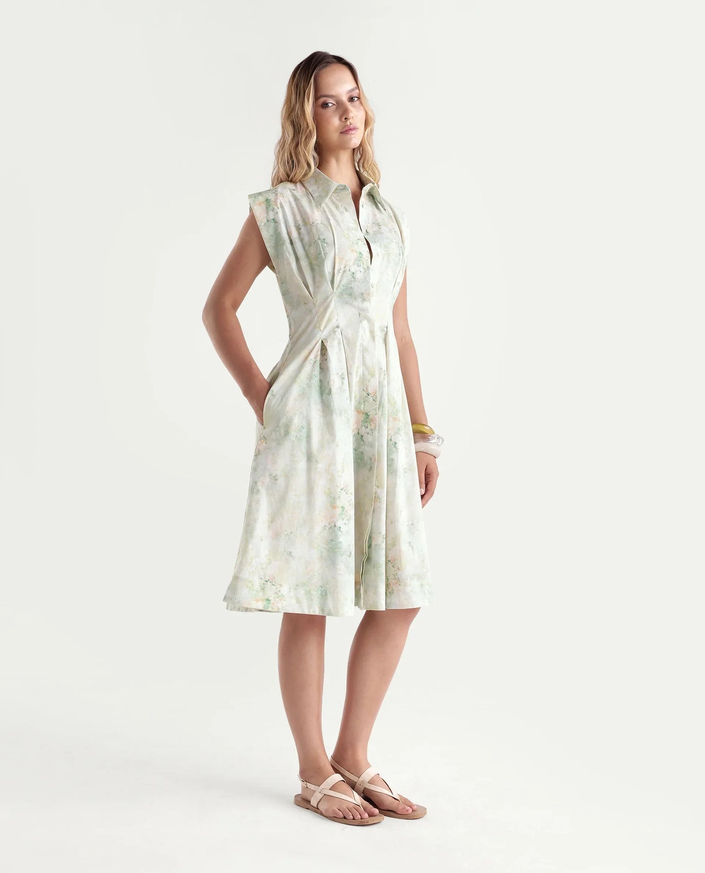 Rareism Women's Hiano Light Green Cotton Fabric Spread Collar Fit And Flare All Over Print Dress