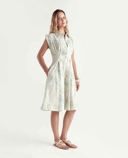 Rareism Women's Hiano Light Green Cotton Fabric Spread Collar Fit And Flare All Over Print Dress