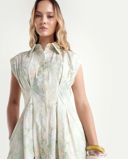 Rareism Women's Hiano Light Green Cotton Fabric Spread Collar Fit And Flare All Over Print Dress