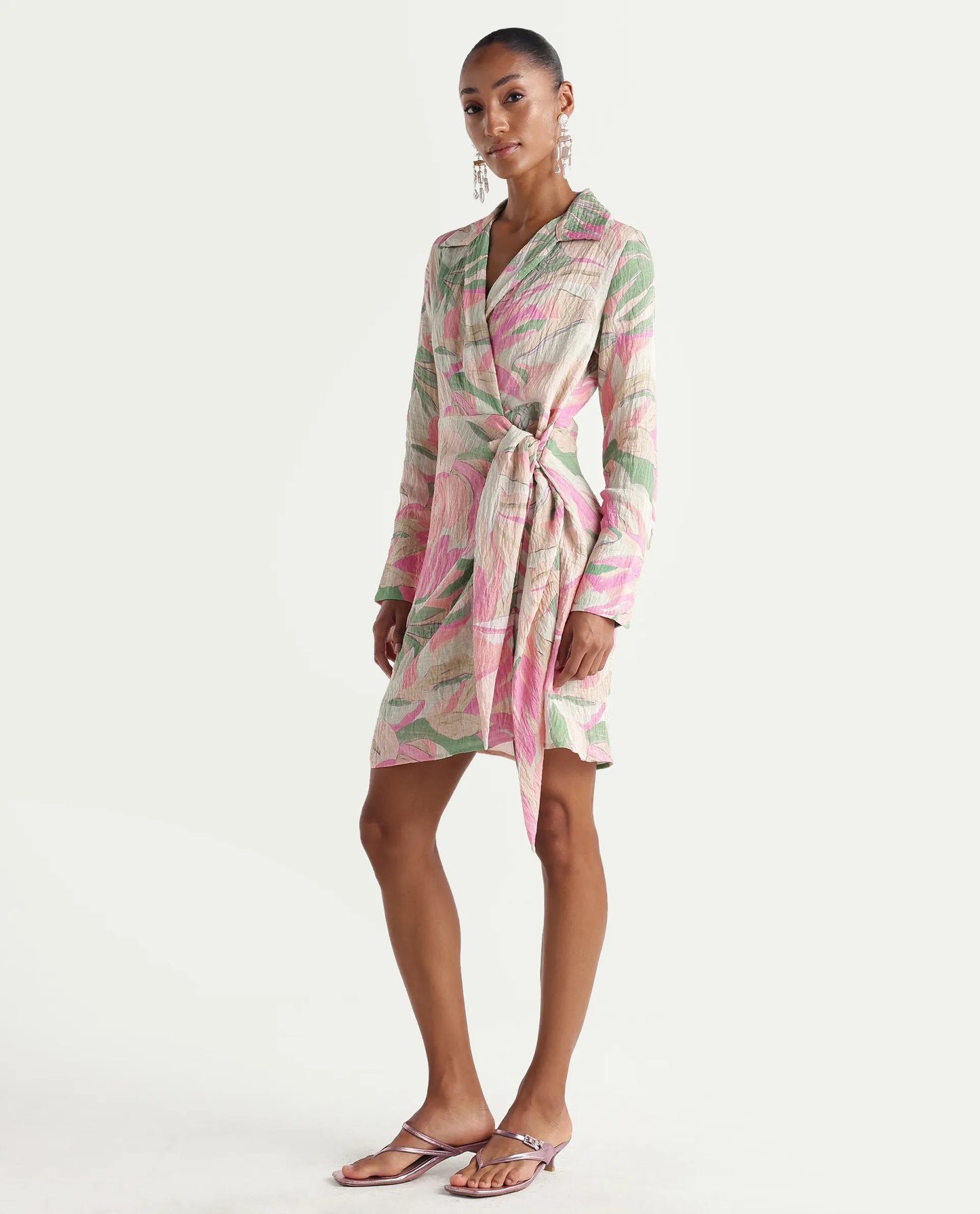 Rareism Women's Hiro Multi Viscose Blend Johnny Collar Wrap Abstract Print Dress