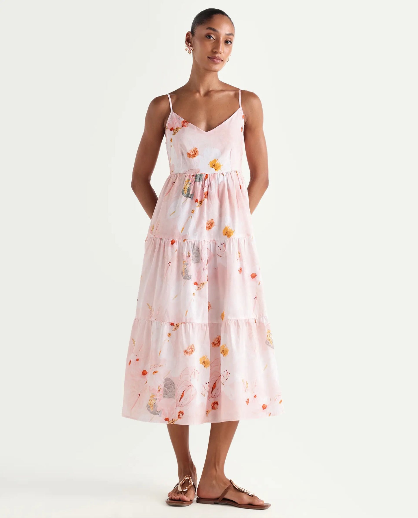 Rareism Women's Ruano Pastel Pink Cotton V-Neck Tiered Botanical Print Dress