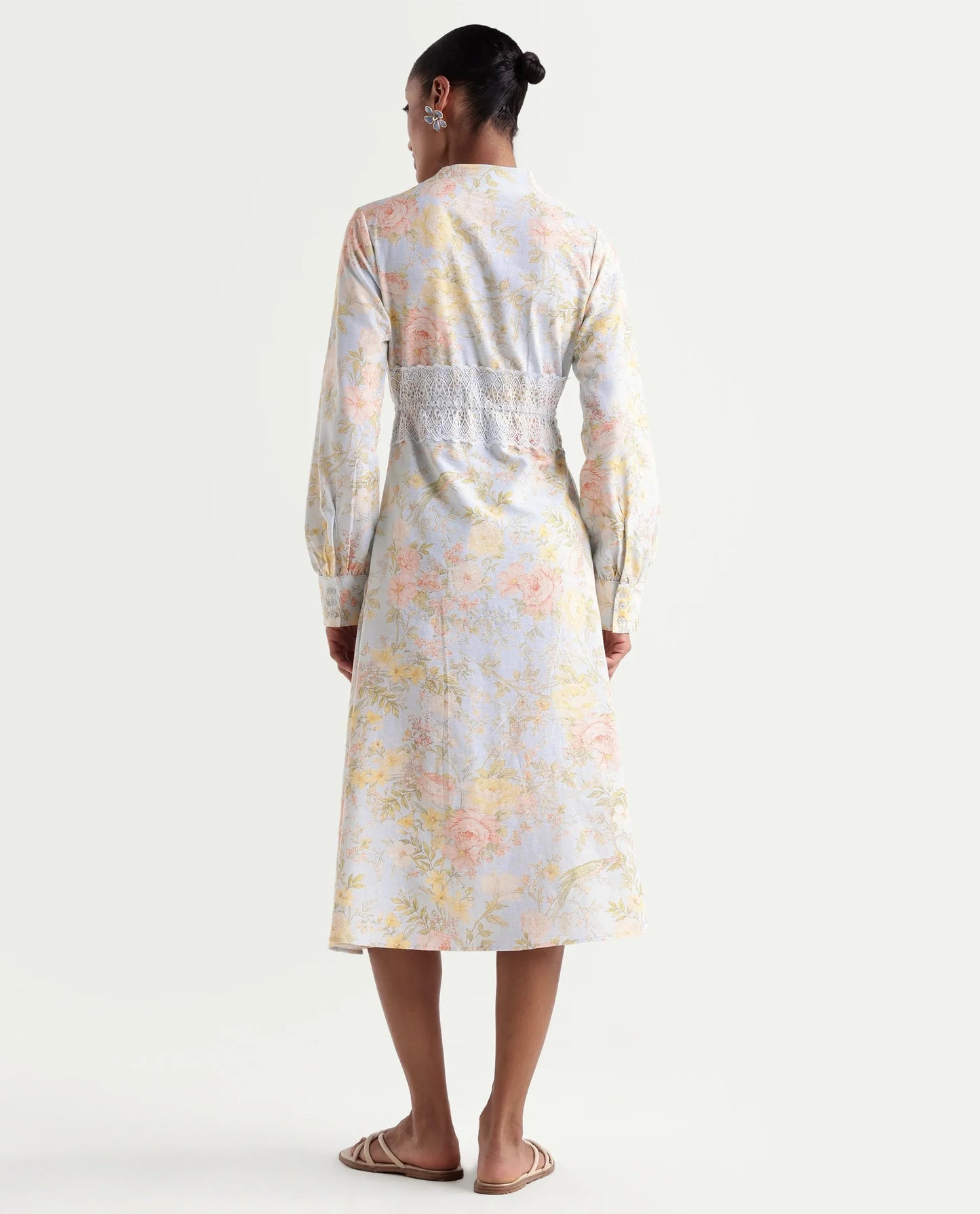 Rareism Women's Rurin Pastel Blue Viscose Blend Built-Up A-Line Floral Print Dress