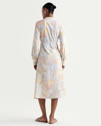 Rareism Women's Rurin Pastel Blue Viscose Blend Built-Up A-Line Floral Print Dress