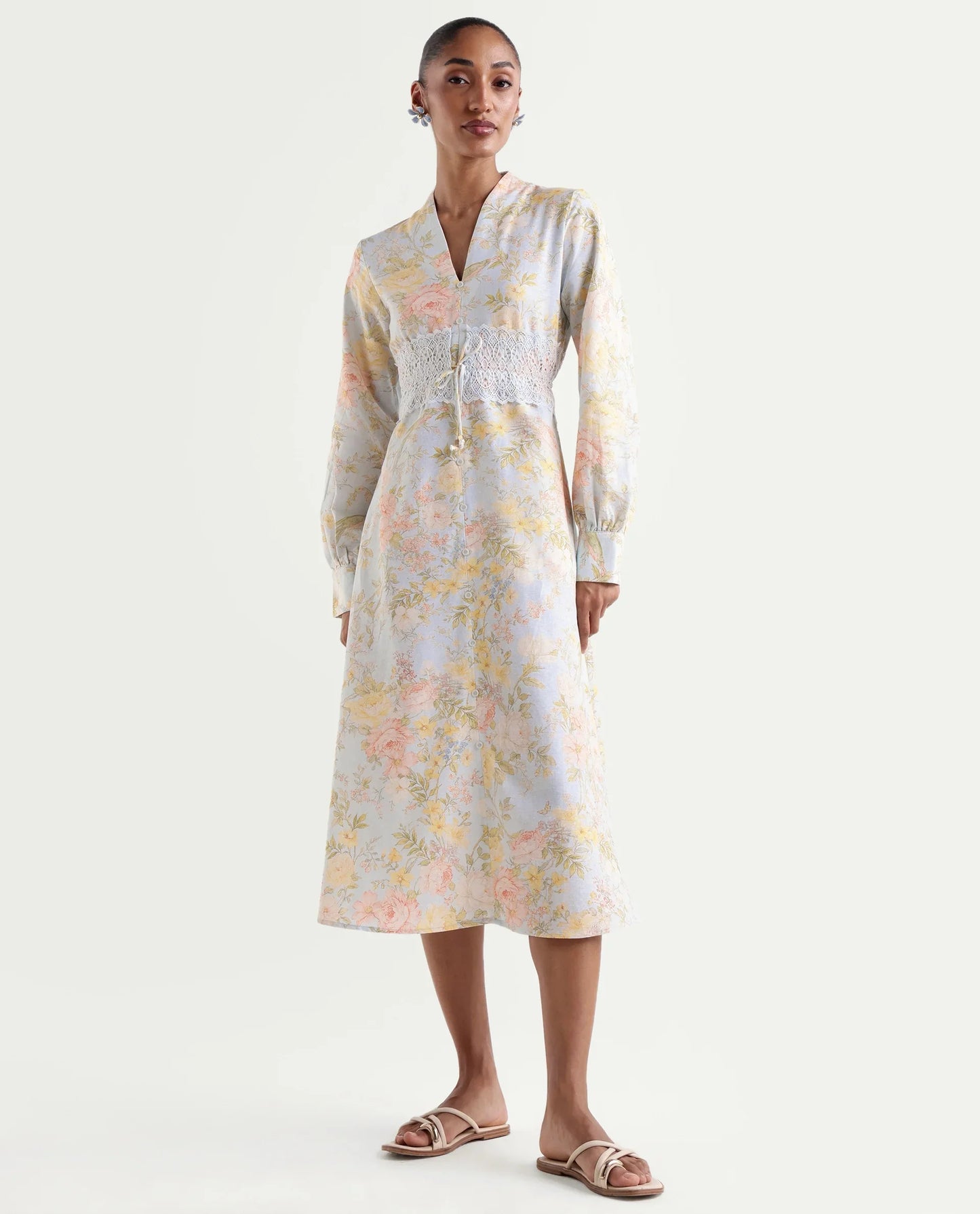 Rareism Women's Rurin Pastel Blue Viscose Blend Built-Up A-Line Floral Print Dress