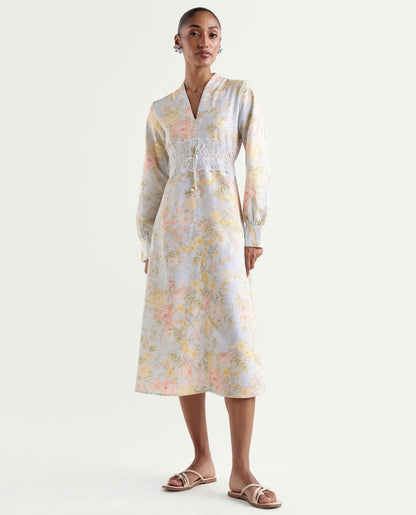 Rareism Women's Rurin Pastel Blue Viscose Blend Built-Up A-Line Floral Print Dress