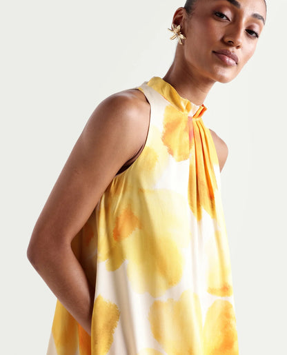 Rareism Women's Rusin Yellow Viscose Halter Neck A-Line Floral Print Dress