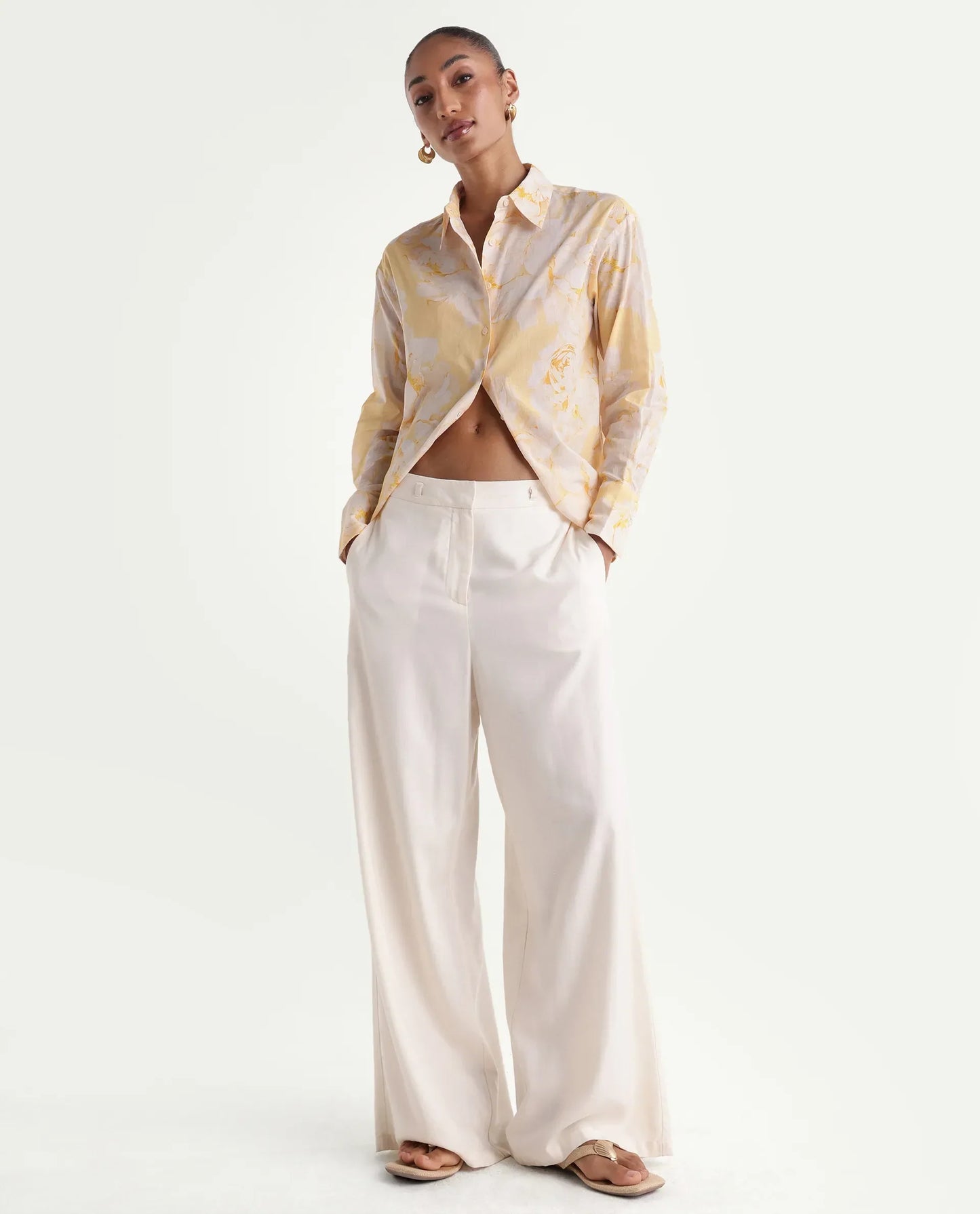 Rareism Women's Rufin Pastel Yellow Cotton Spread Collar Relaxed Floral Print Shirt