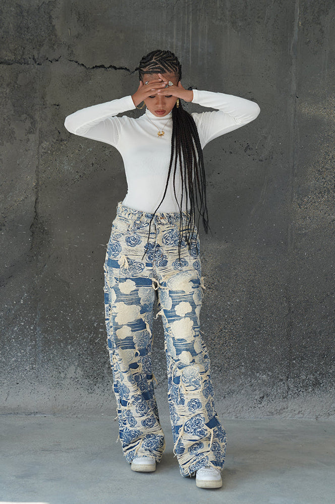 DISTRESSED FLORAL FABRIC VALKYRE JEANS