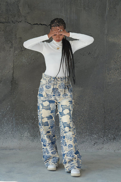 DISTRESSED FLORAL FABRIC VALKYRE JEANS