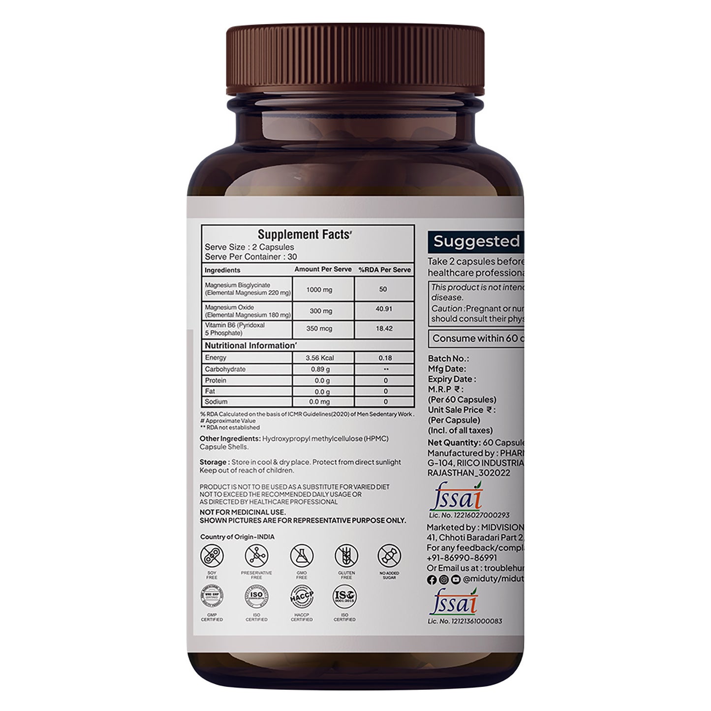Miduty Chelated Magnesium Bisglycinate (Glycinate) | 1000mg Supplement For Sleep, Stress, Muscle Recovery & Cramps | 400mg Elemental Magnesium | High Absorption with Vitamin B6 | 60 Veg Capsules