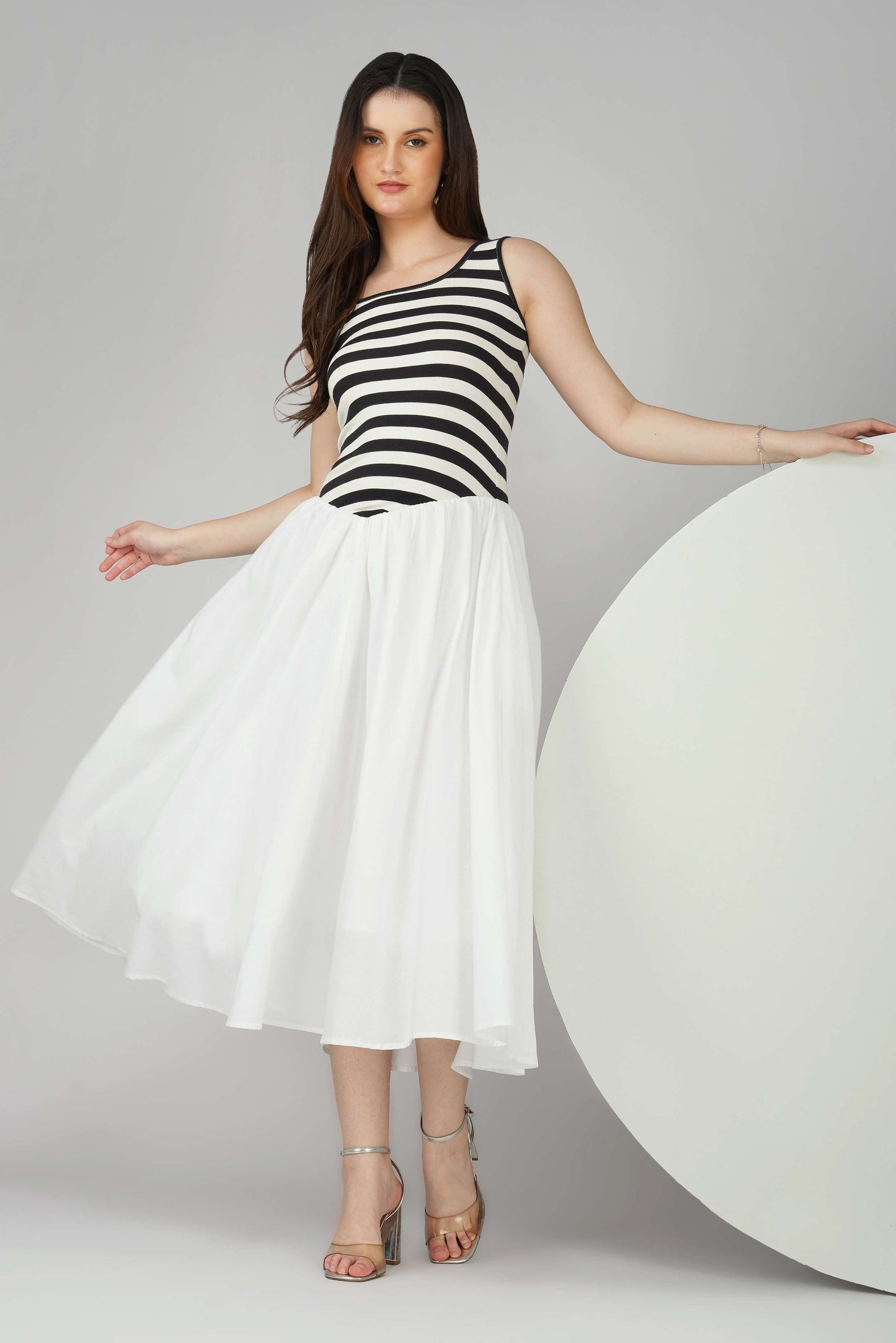 Striped Knit Bodice Dress with Flowy White Bottom
