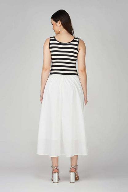 Striped Knit Bodice Dress with Flowy White Bottom