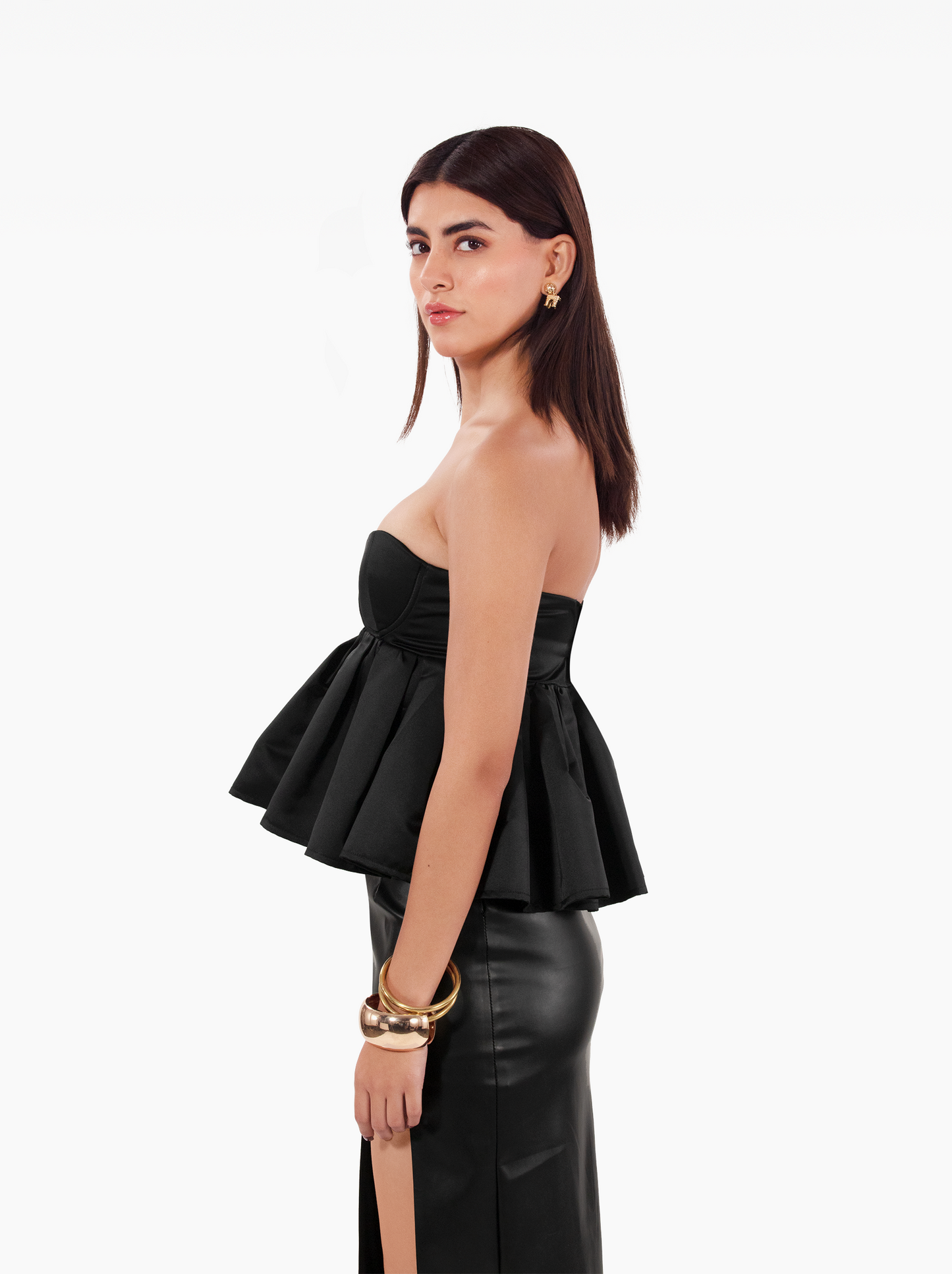 love talk top - black strapless, satin peplum top with an under-bust cutout birthday, party, dinner, vacation, date night outfits - SOLÉITE