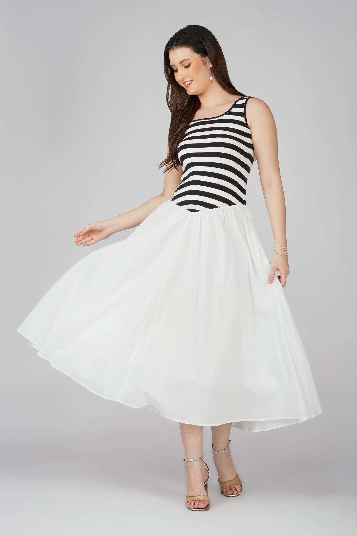 Striped Knit Bodice Dress with Flowy White Bottom