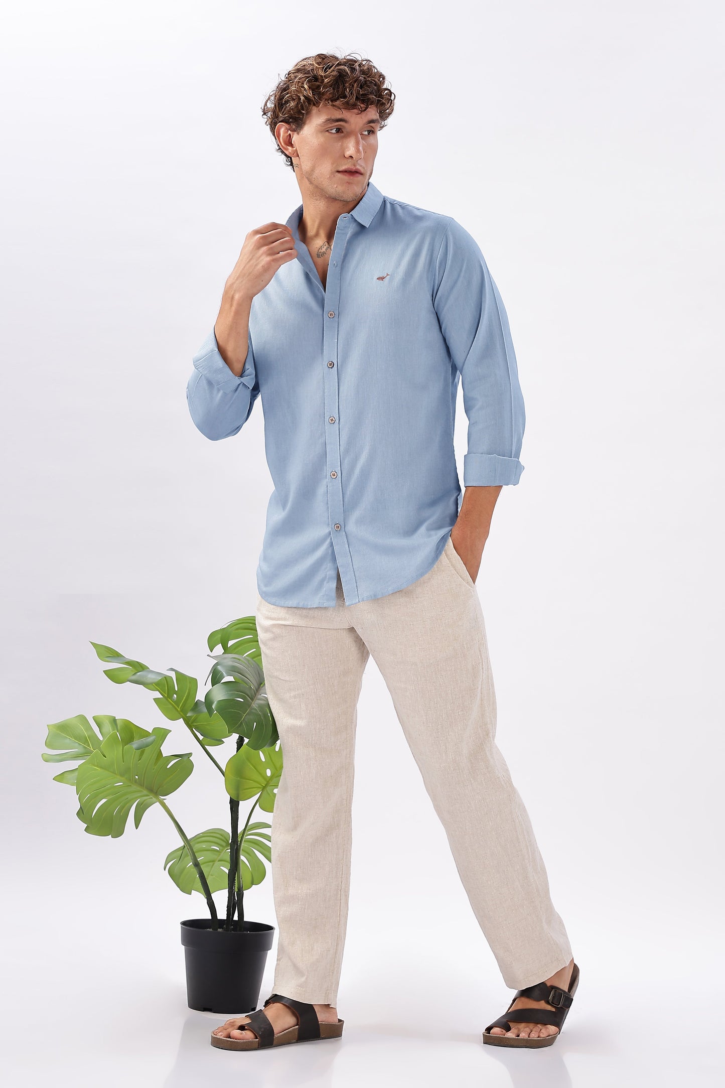 Geneva Blue Cotton-Linen Essential Shirt