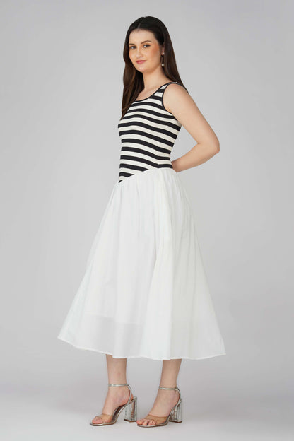 Striped Knit Bodice Dress with Flowy White Bottom
