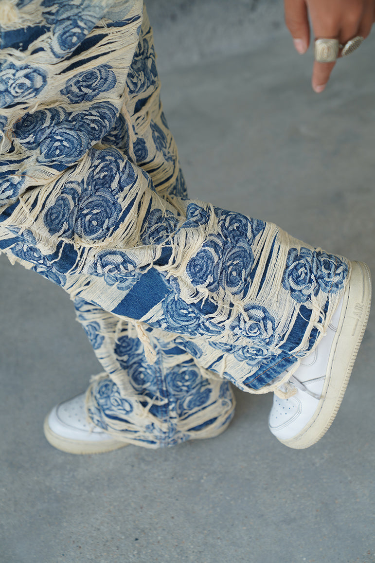 DISTRESSED FLORAL FABRIC VALKYRE JEANS