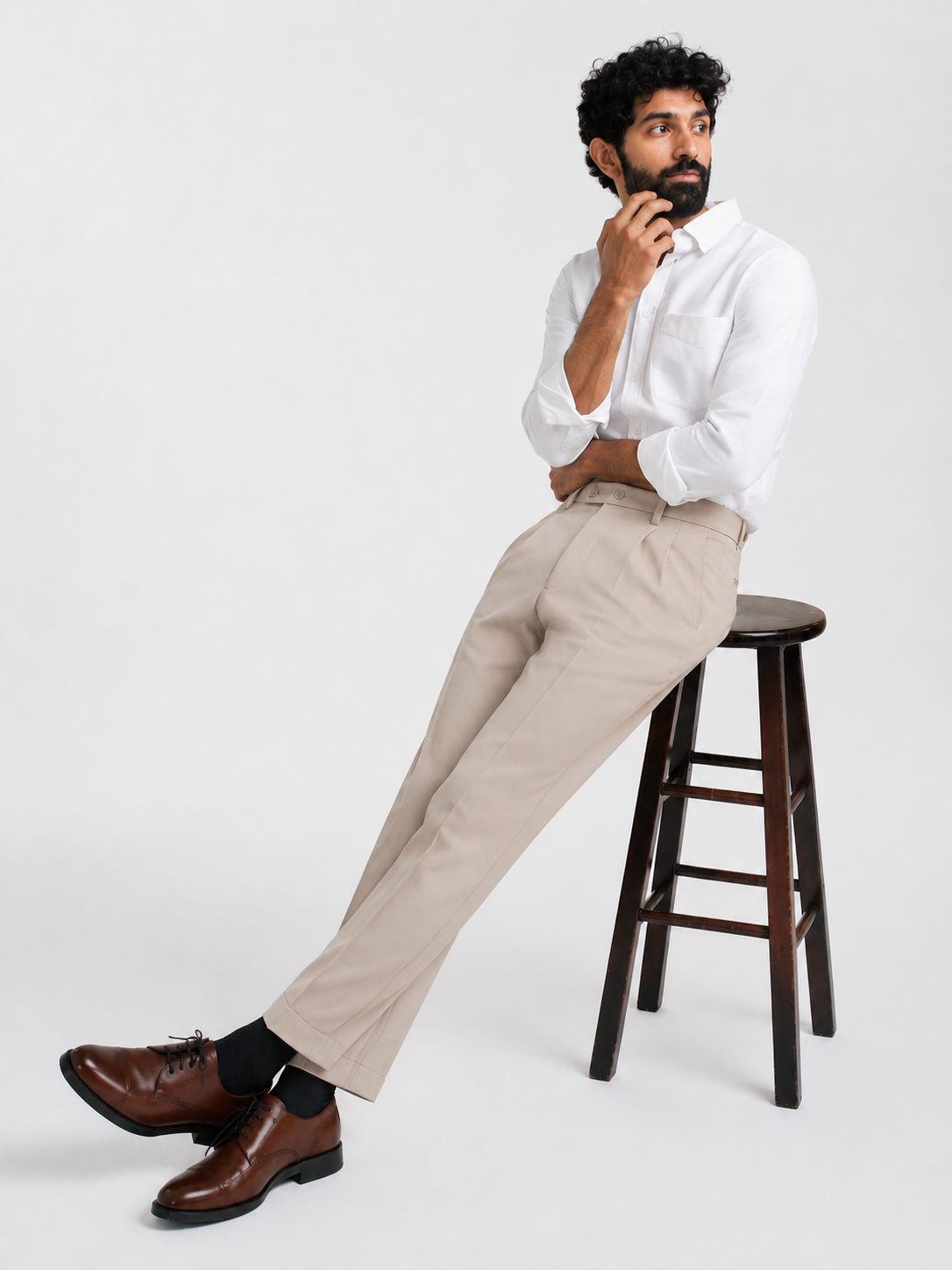 Japanese Beige Straight Fit Pleated Formal Trousers