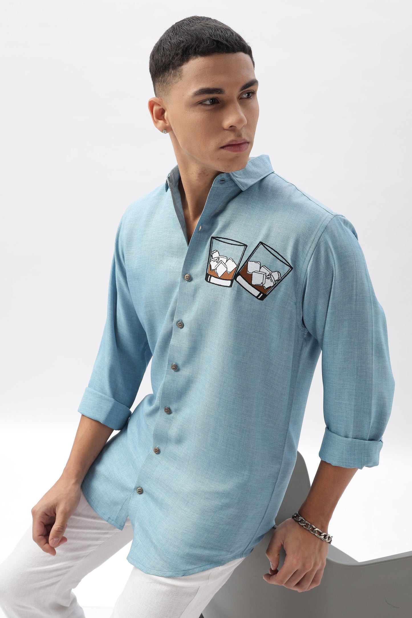 Whiskey Tales Blue Embroidered Shirt