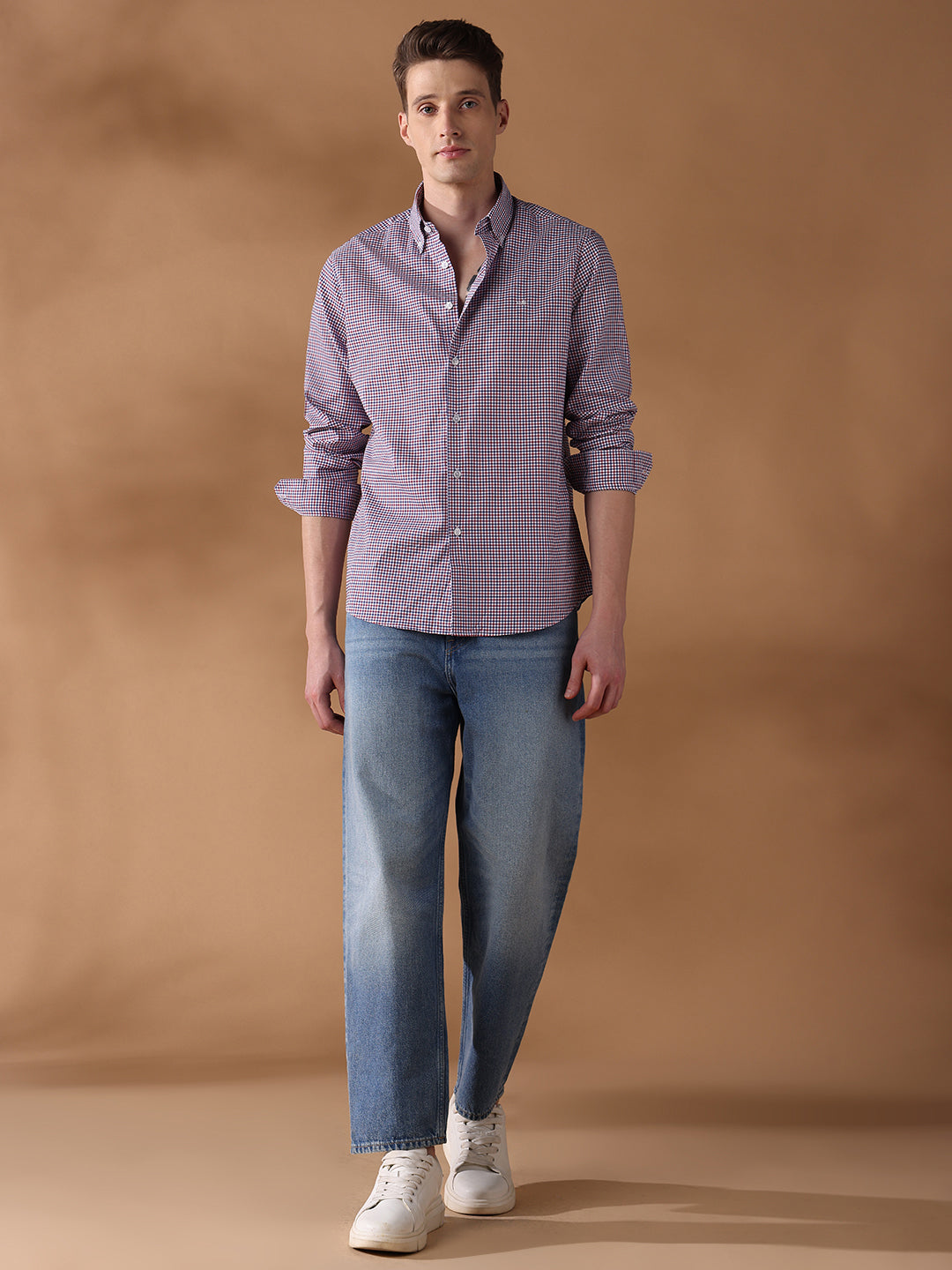 Red Regular Fit Checked Formal Shirt for Men (LEOP)