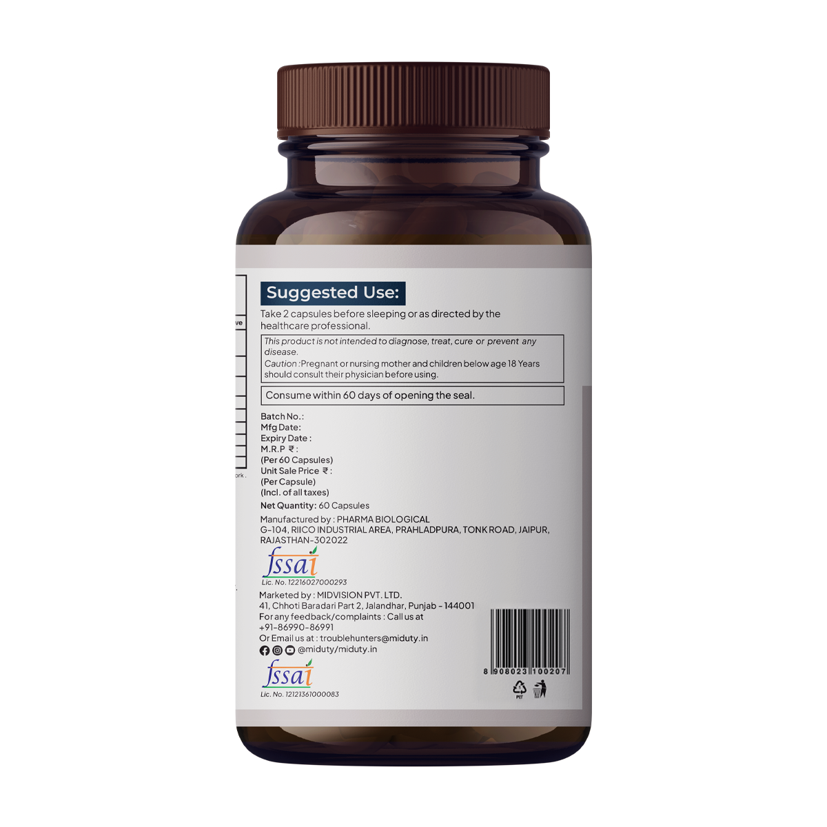 Miduty Chelated Magnesium Bisglycinate (Glycinate) | 1000mg Supplement For Sleep, Stress, Muscle Recovery & Cramps | 400mg Elemental Magnesium | High Absorption with Vitamin B6 | 60 Veg Capsules