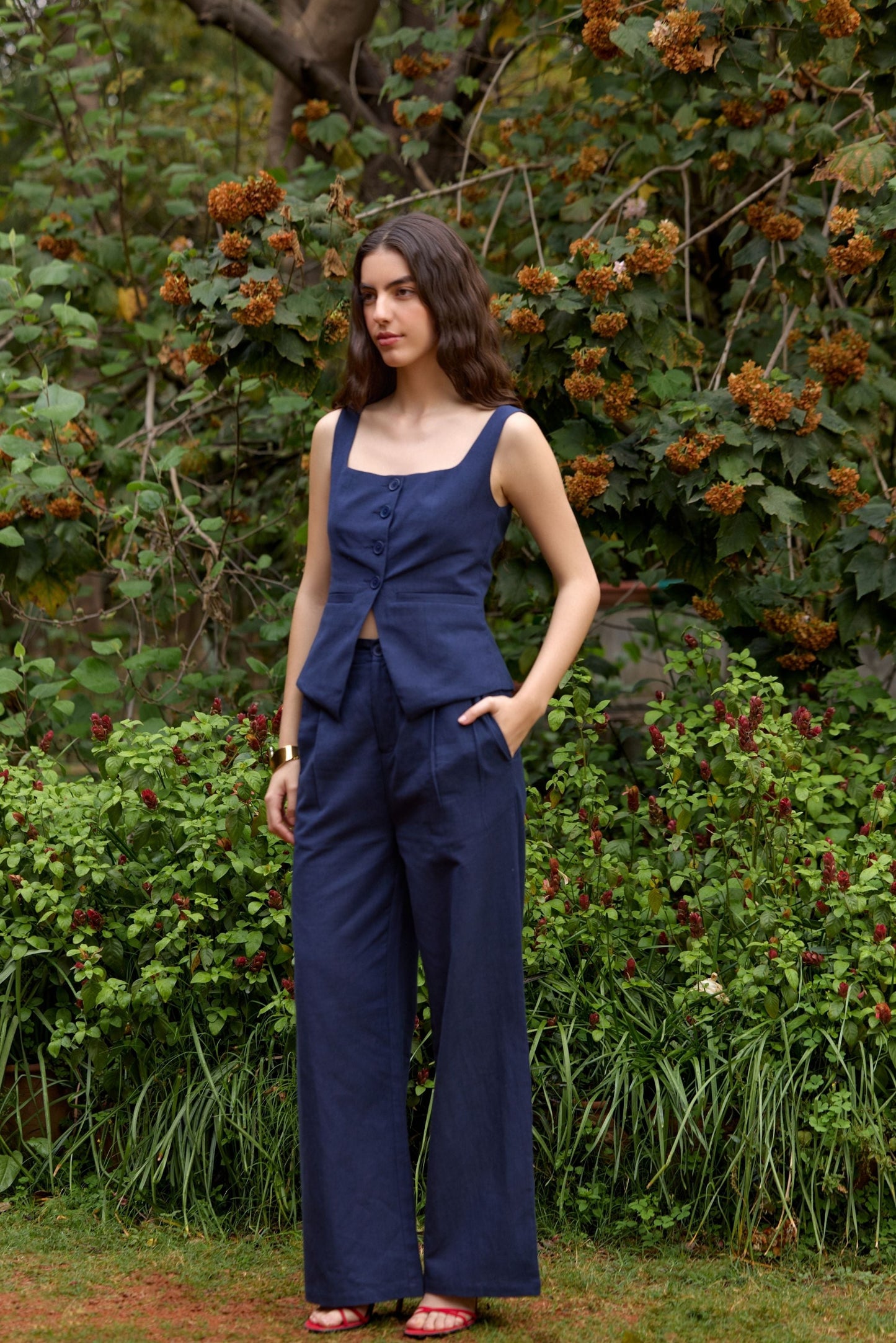 Navy Blue Pleated Wide-Leg Pants