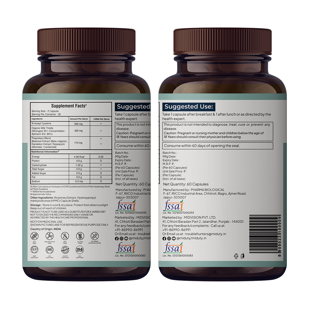 Miduty Liver Detox Supplement Milk Thistle with N-Acetyl Cysteine 900 mg | Natural Body Detox & Digestive Enzymes - Fatty Liver Care | Natural Detoxification Formula - 60 Veg Capsules