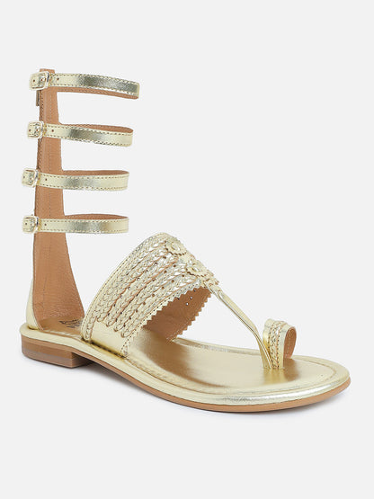Kladia Gold Genuine Leather Kolhapuri Gladiator Sandals
