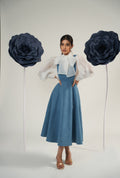 Organza Bow-Tie Balloon Sleeve Shirt with Dungaree Midi Dres