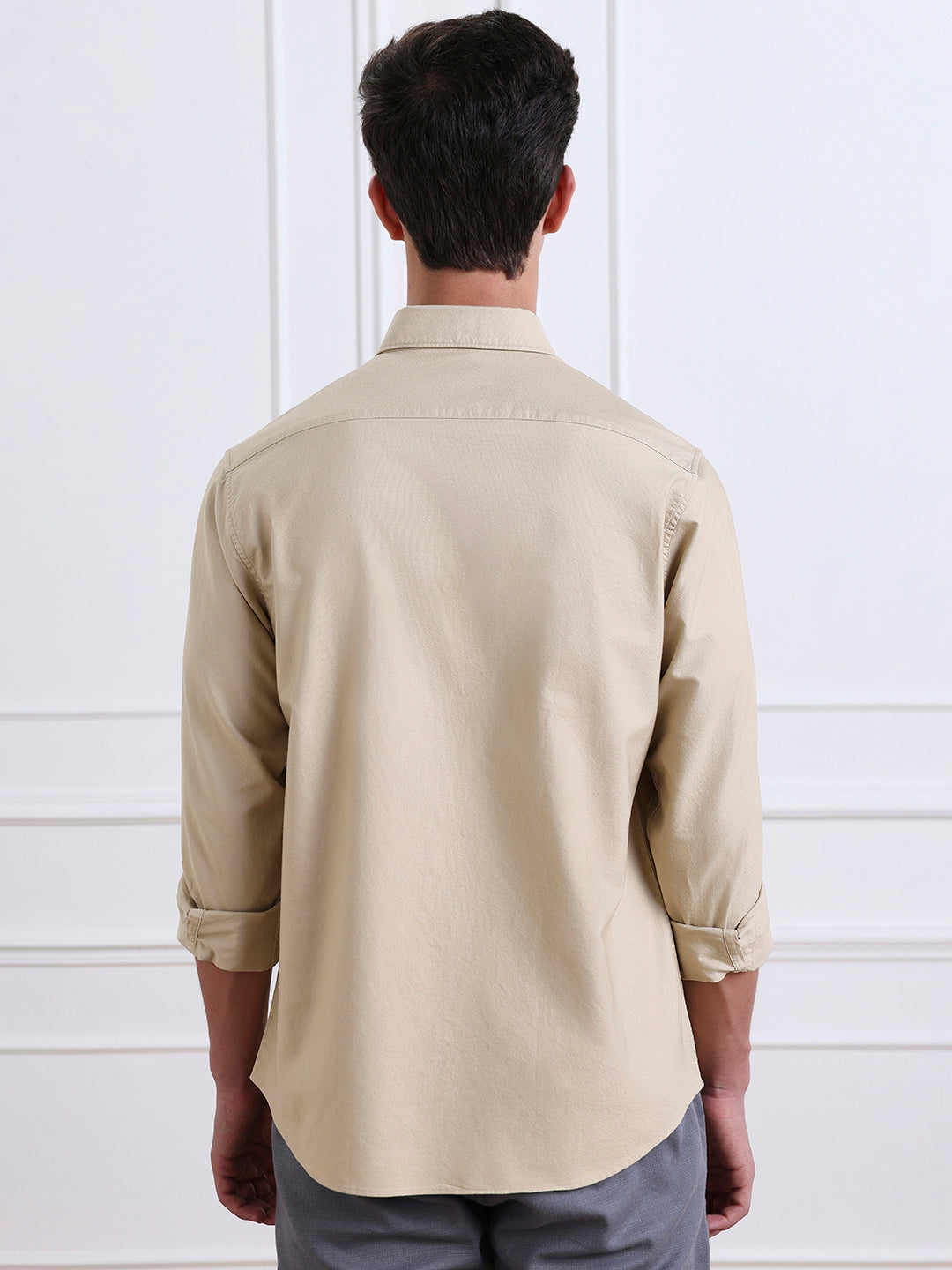 Beige Regular Fit Solid Casual Cotton Shirt for Men (LOVEN)