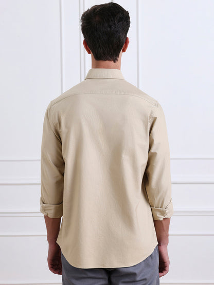 Beige Regular Fit Solid Casual Cotton Shirt for Men (LOVEN)