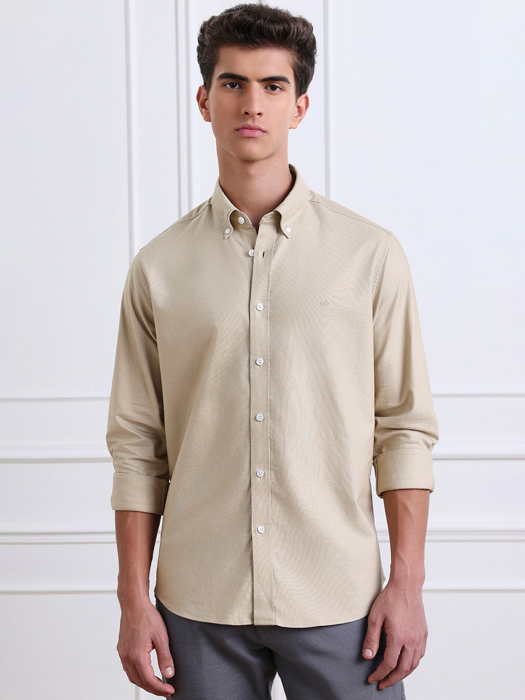 Beige Regular Fit Solid Casual Cotton Shirt for Men (LOVEN)