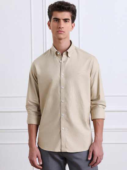 Beige Regular Fit Solid Casual Cotton Shirt for Men (LOVEN)