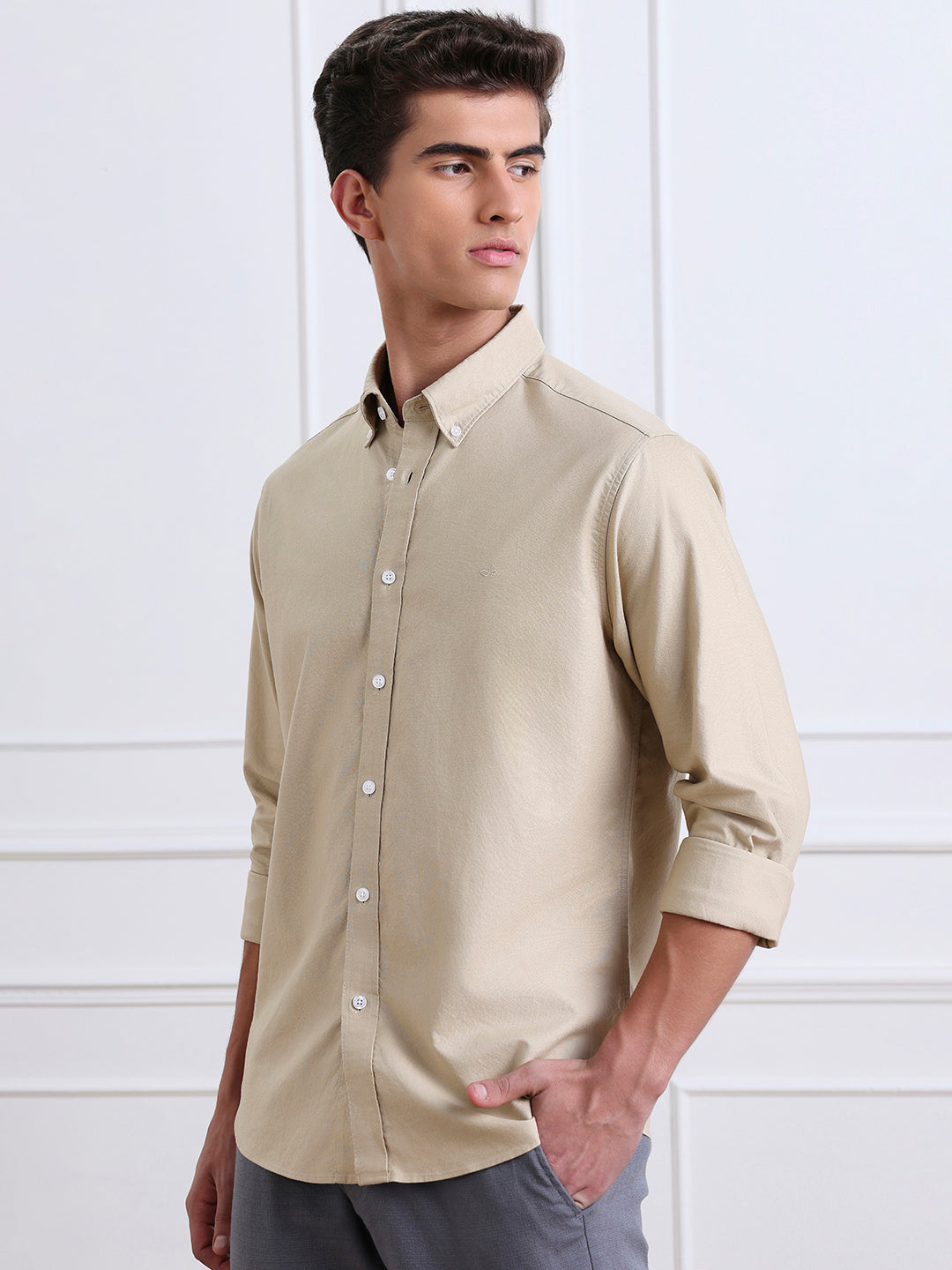Beige Regular Fit Solid Casual Cotton Shirt for Men (LOVEN)