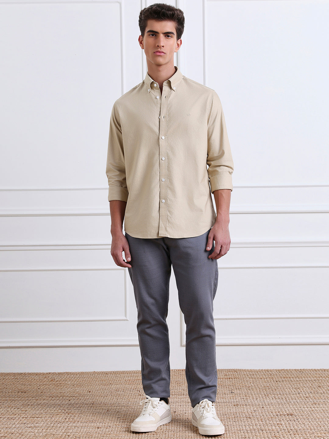 Beige Regular Fit Solid Casual Cotton Shirt for Men (LOVEN)
