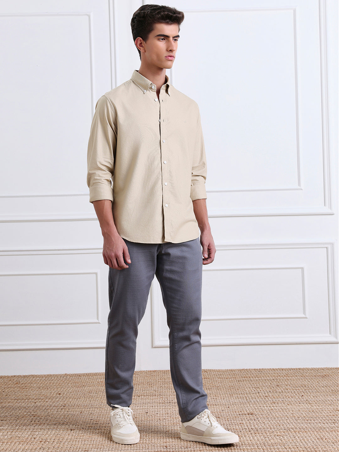 Beige Regular Fit Solid Casual Cotton Shirt for Men (LOVEN)