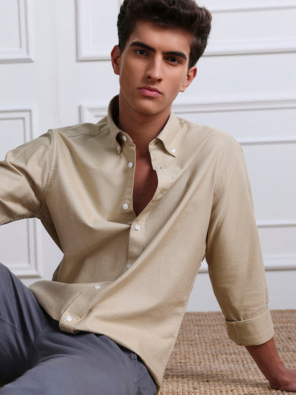 Beige Regular Fit Solid Casual Cotton Shirt for Men (LOVEN)