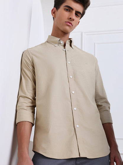 Beige Regular Fit Solid Casual Cotton Shirt for Men (LOVEN)