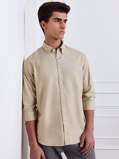 Beige Regular Fit Solid Casual Cotton Shirt for Men (LOVEN)