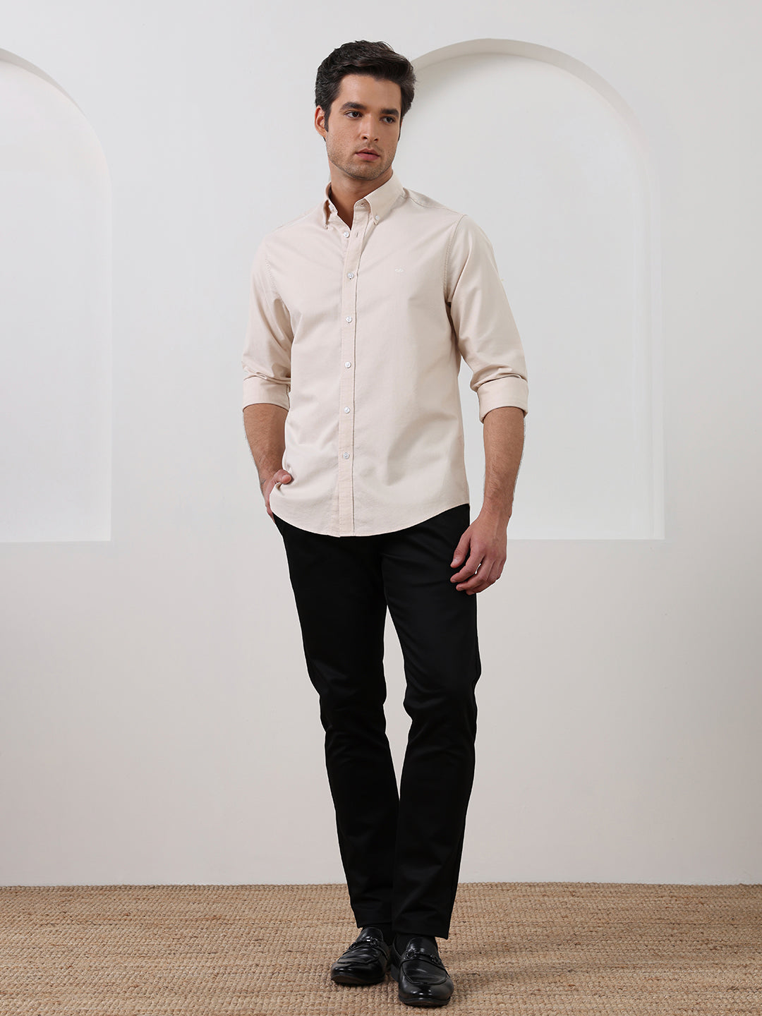 Beige Regular Fit Solid Casual Cotton Shirt for Men (LELON)