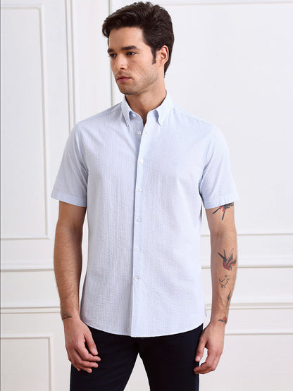 Blue Regular Fit Striped Casual Cotton Blend Shirt for Men (LIANA)